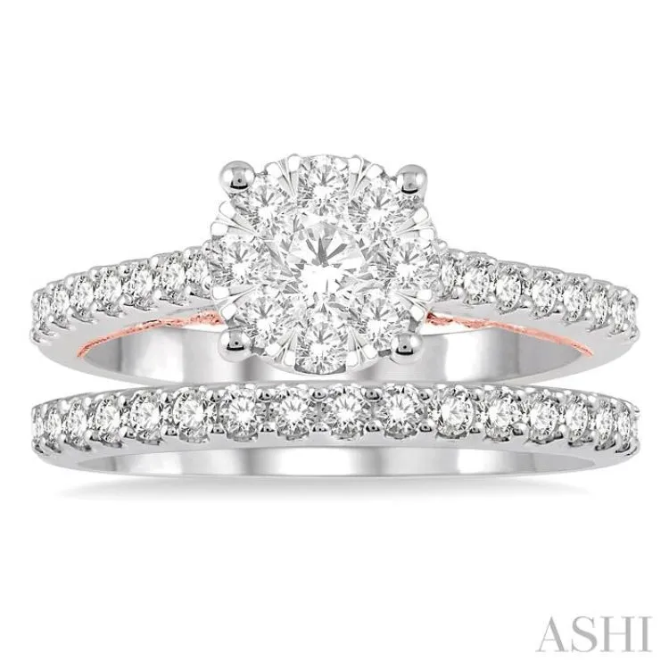 1 1/3 Ctw Lovebright Diamond Wedding Set in 14K With 1 Ctw Round Shape Engagement Ring in White and Rose Gold and 1/3 Ctw Wedding Band in White Gold