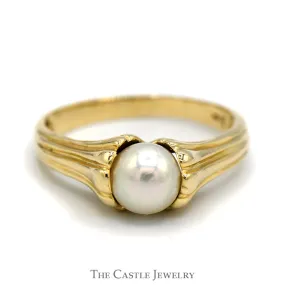 6.5mm Pearl Solitaire Ring with Grooved Design Sides in 14k Yellow Gold