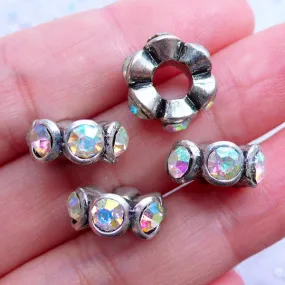 AB Clear Rhinestone Pave Beads | Bling Bling Rondelle Bead | Large Hole Rondell Bead | Silver Spacer Beads | European Bracelet DIY (4pcs / Tibetan Silver / 14mm x 6mm)