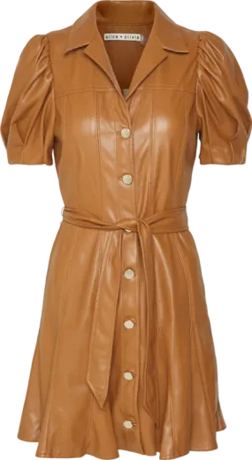 Alice   Olivia camel Pleated Belted Vegan Leather Mini Dress  UK 8