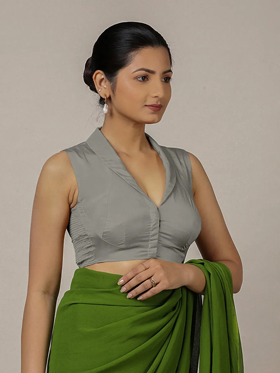 Avni x Rozaana | Grey Sleeveless FlexiFit™ Saree Blouse with Elegant Shawl Collar