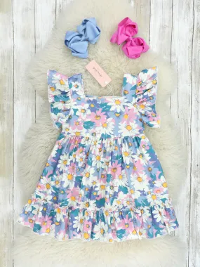 Blue Daisy Flutter Sleeve Dress