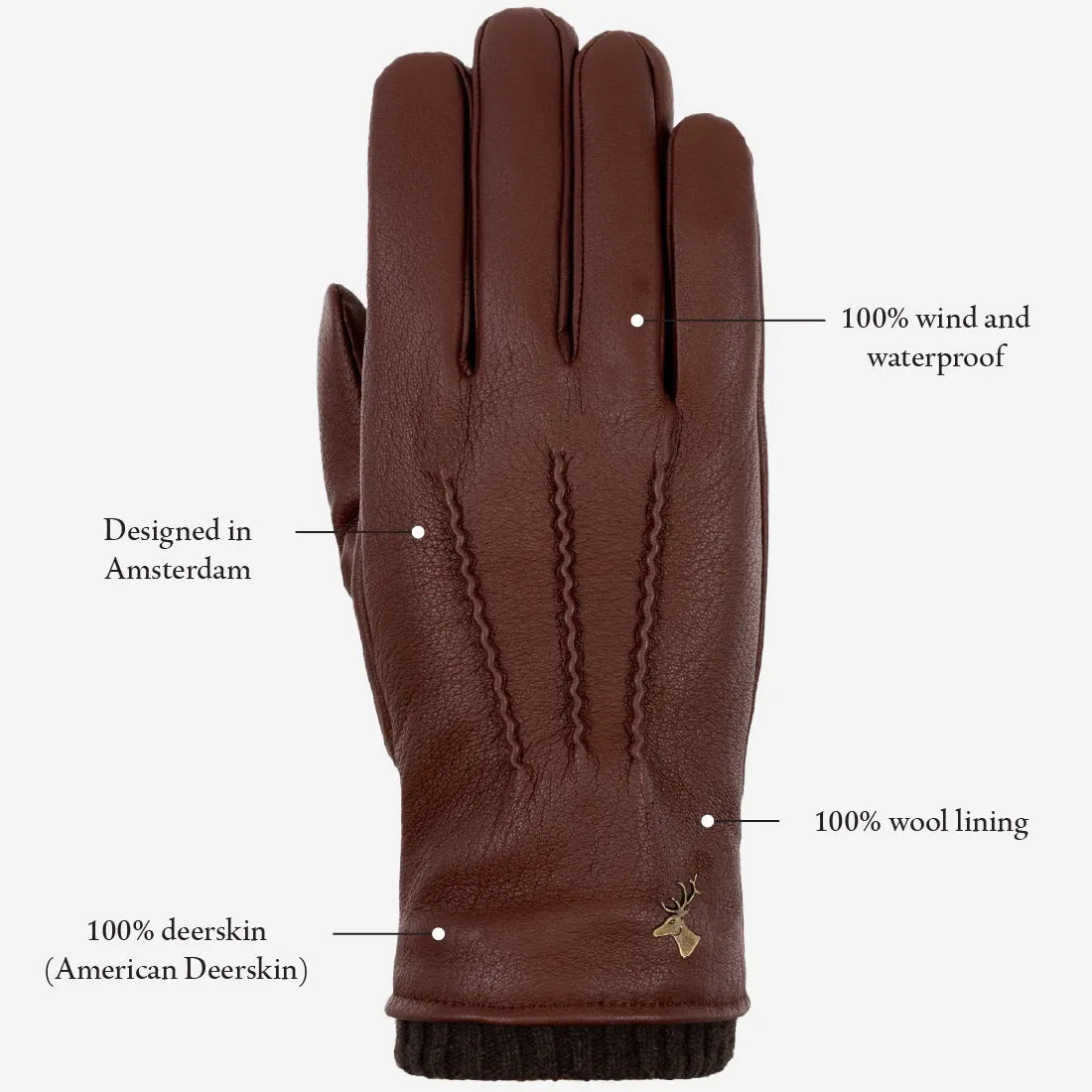 Columbus (brown) – luxurious deerskin (American deerskin) leather gloves with warm wool lining