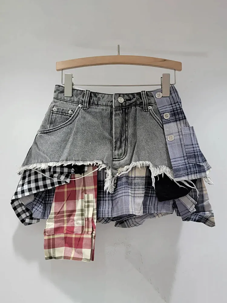 DEAT Women's Denim A- line Skirt Colored Plaid Patchwork Irregular Deconstructed A-line High Waist Mini Skirt 2024 Autumn New Fashion