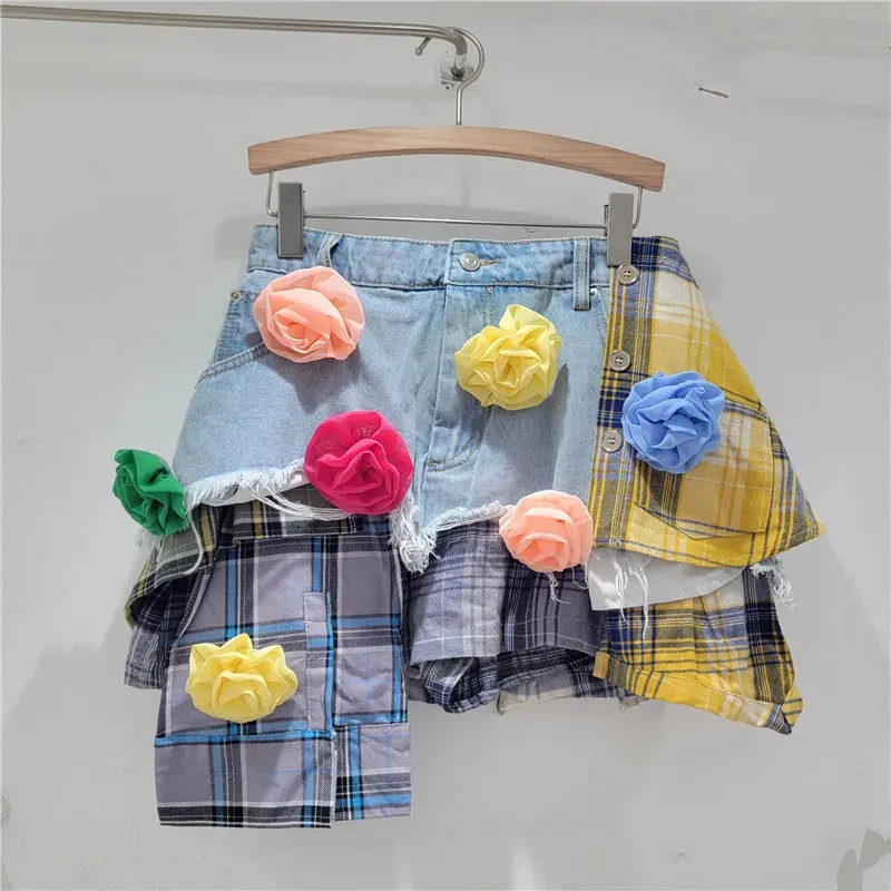 DEAT Women's Denim A- line Skirt Colored Plaid Patchwork Irregular Deconstructed A-line High Waist Mini Skirt 2024 Autumn New Fashion