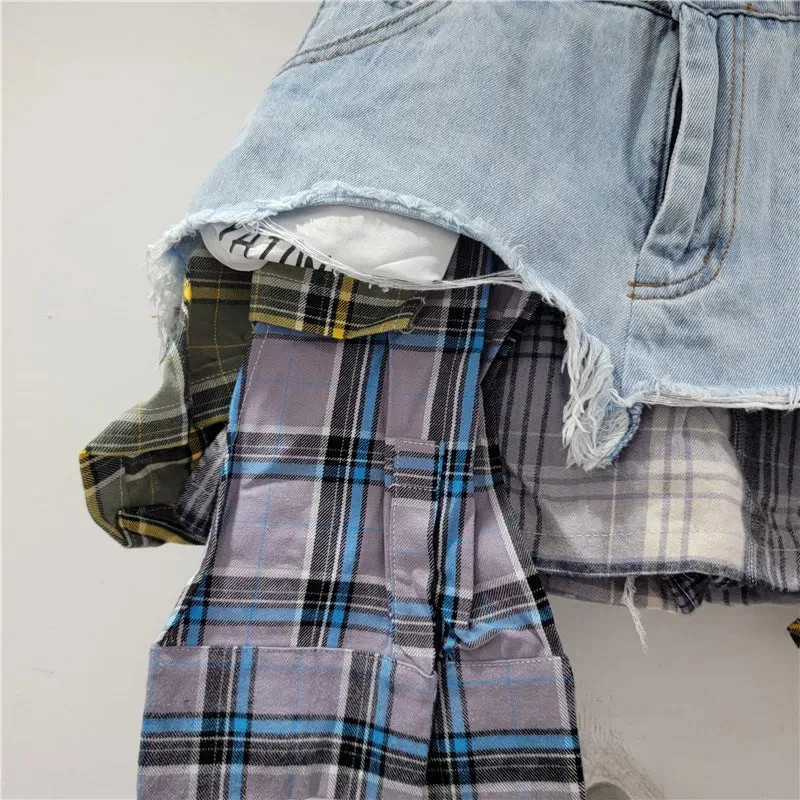 DEAT Women's Denim A- line Skirt Colored Plaid Patchwork Irregular Deconstructed A-line High Waist Mini Skirt 2024 Autumn New Fashion