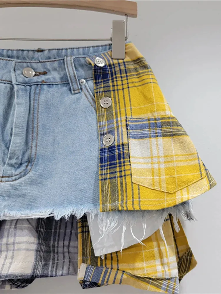 DEAT Women's Denim A- line Skirt Colored Plaid Patchwork Irregular Deconstructed A-line High Waist Mini Skirt 2024 Autumn New Fashion