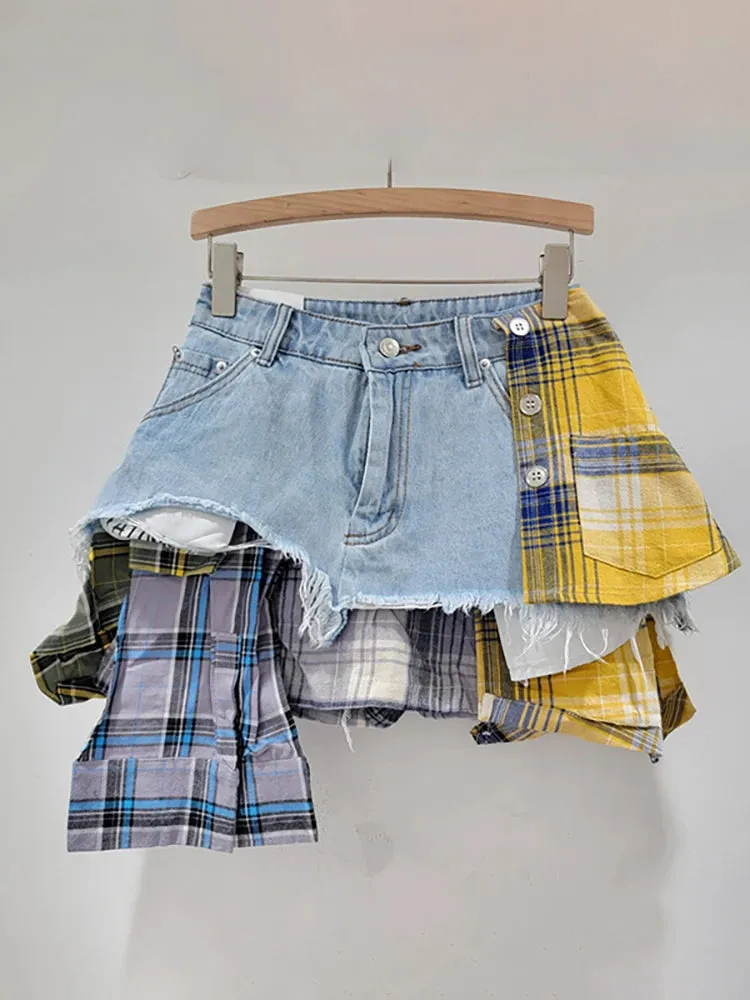 DEAT Women's Denim A- line Skirt Colored Plaid Patchwork Irregular Deconstructed A-line High Waist Mini Skirt 2024 Autumn New Fashion