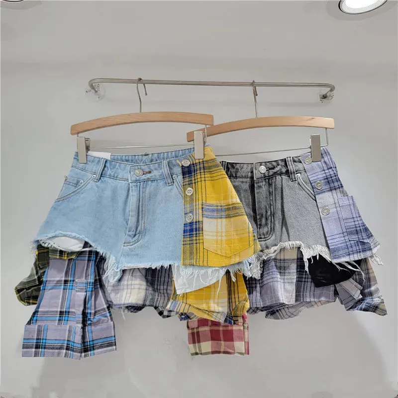 DEAT Women's Denim A- line Skirt Colored Plaid Patchwork Irregular Deconstructed A-line High Waist Mini Skirt 2024 Autumn New Fashion