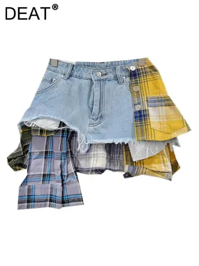 DEAT Women's Denim A- line Skirt Colored Plaid Patchwork Irregular Deconstructed A-line High Waist Mini Skirt 2024 Autumn New Fashion