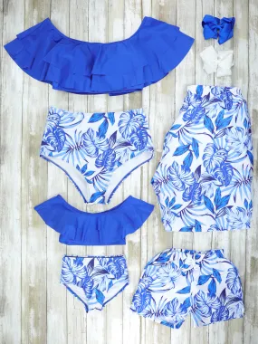 Family Blue & White Tropical Swimsuit