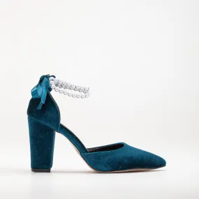 Hazel - Teal Blue Velvet Wedding Heels with Pearls