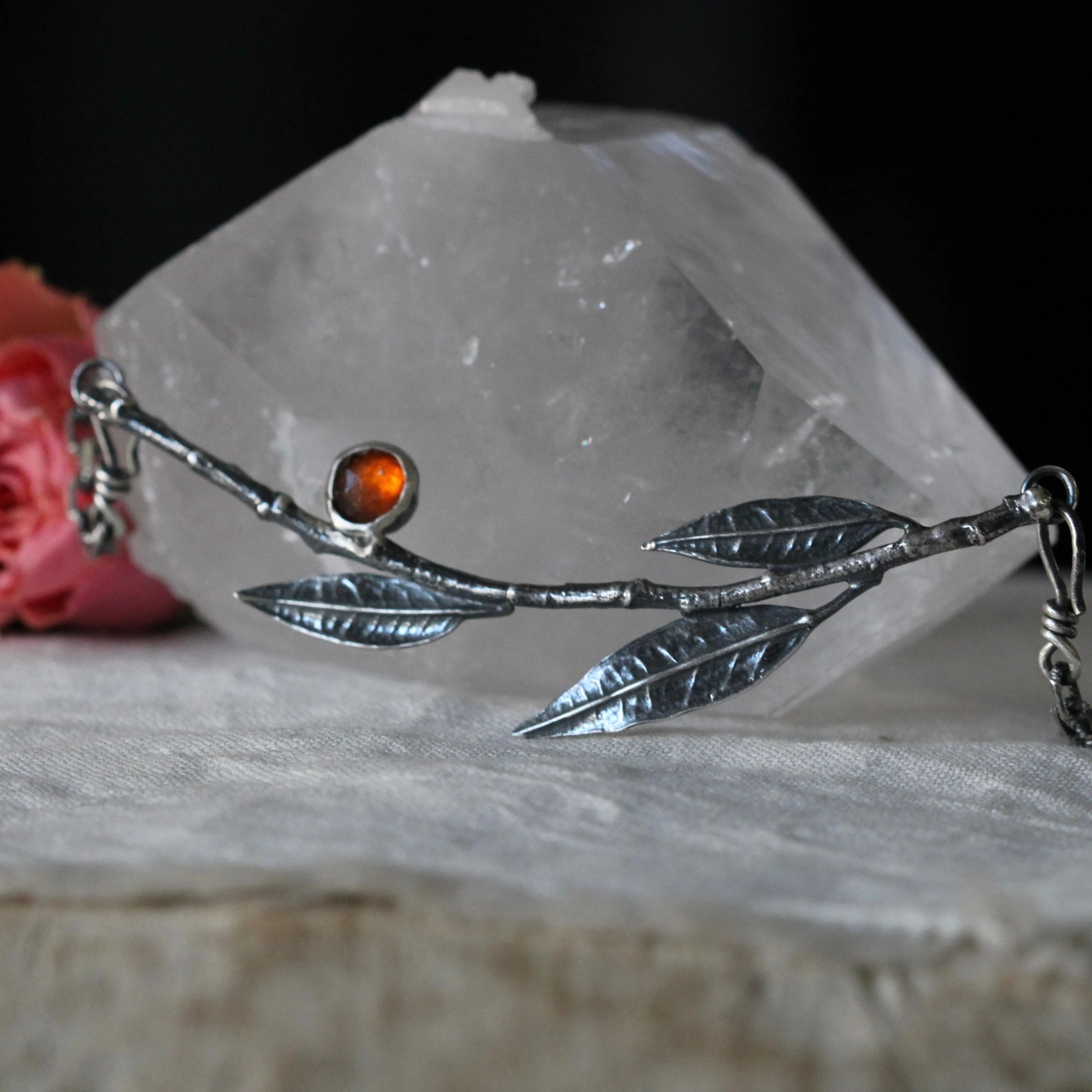 Interchangeable Sterling silver branch with orange leaves and Kyanite pendant