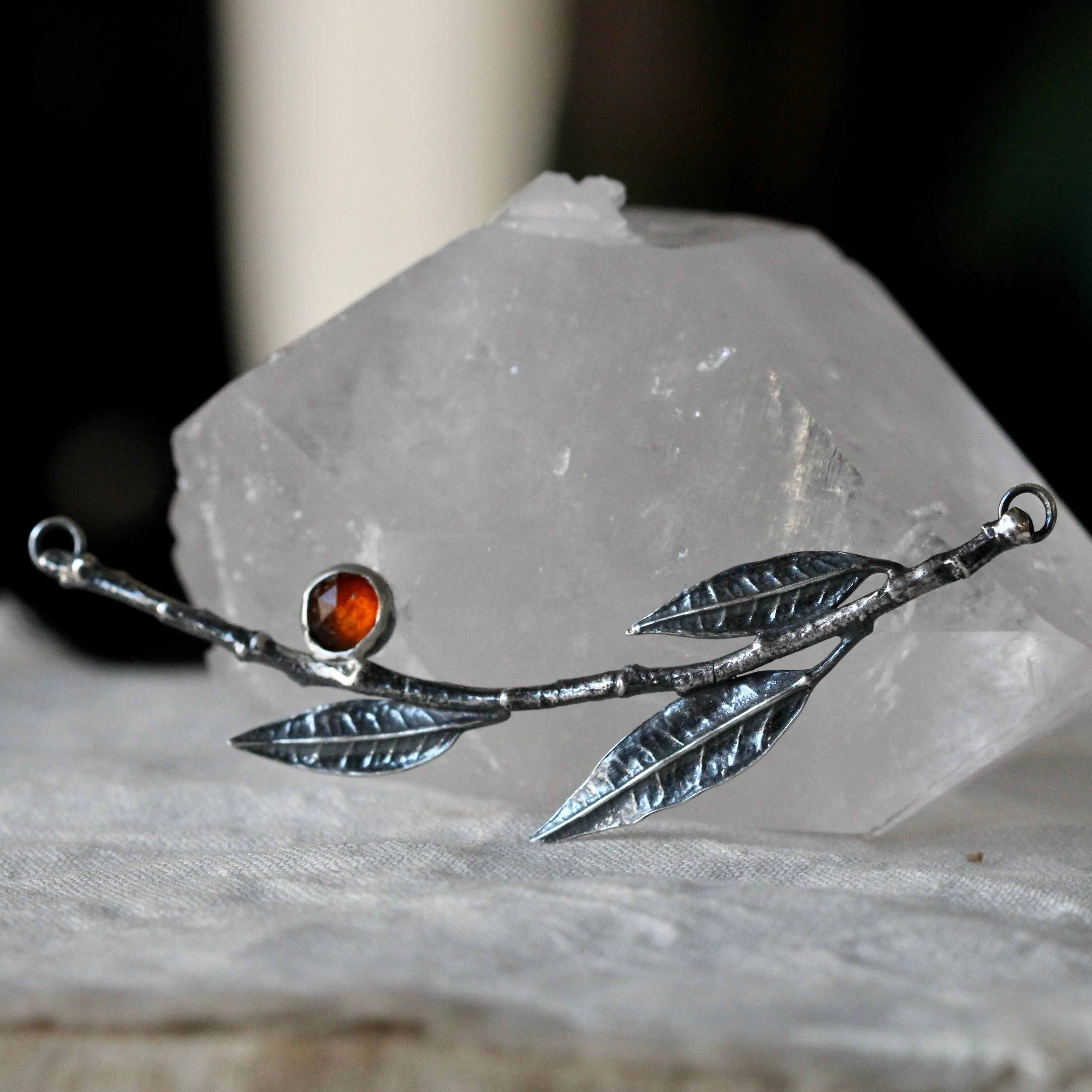 Interchangeable Sterling silver branch with orange leaves and Kyanite pendant