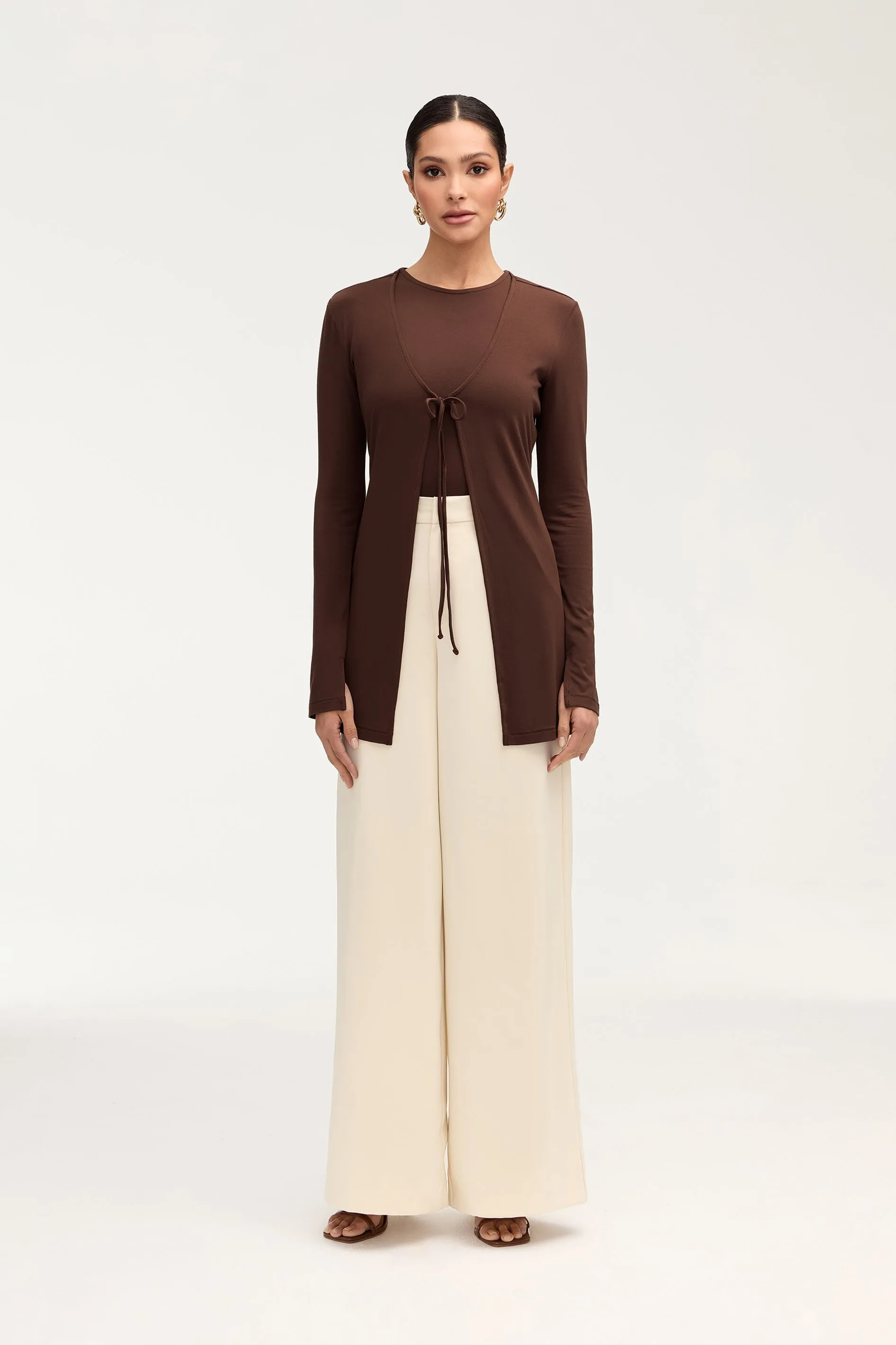 Labina Jersey Two Piece Tie Front Top - Brown