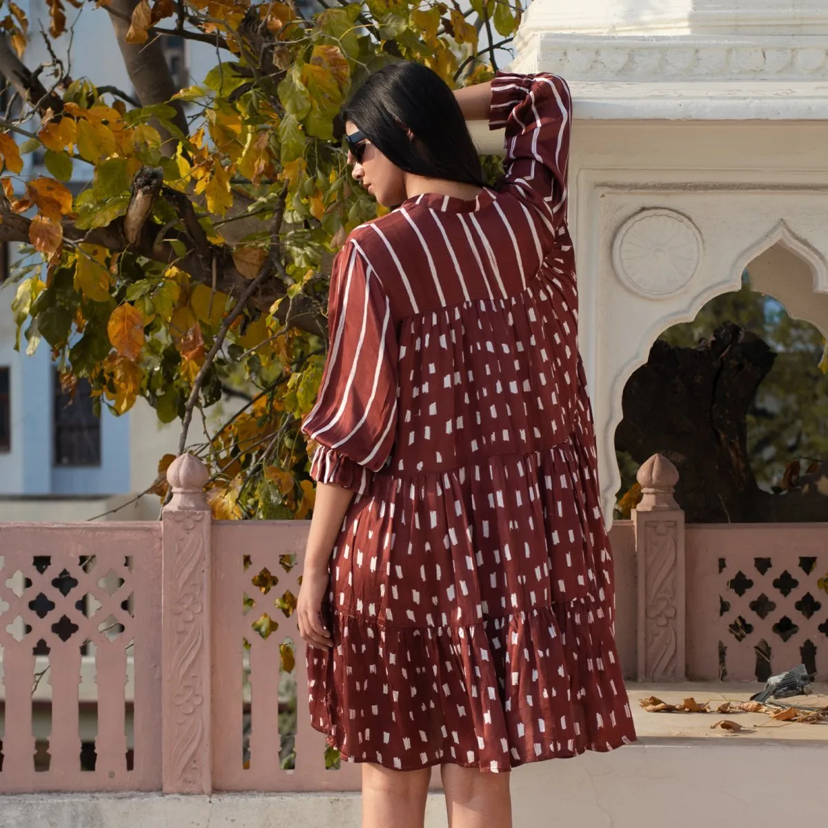 Maroon Handcrafted Tiered Dress In Modal