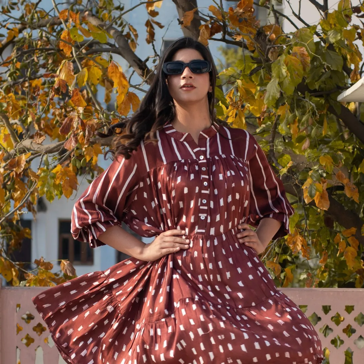 Maroon Handcrafted Tiered Dress In Modal