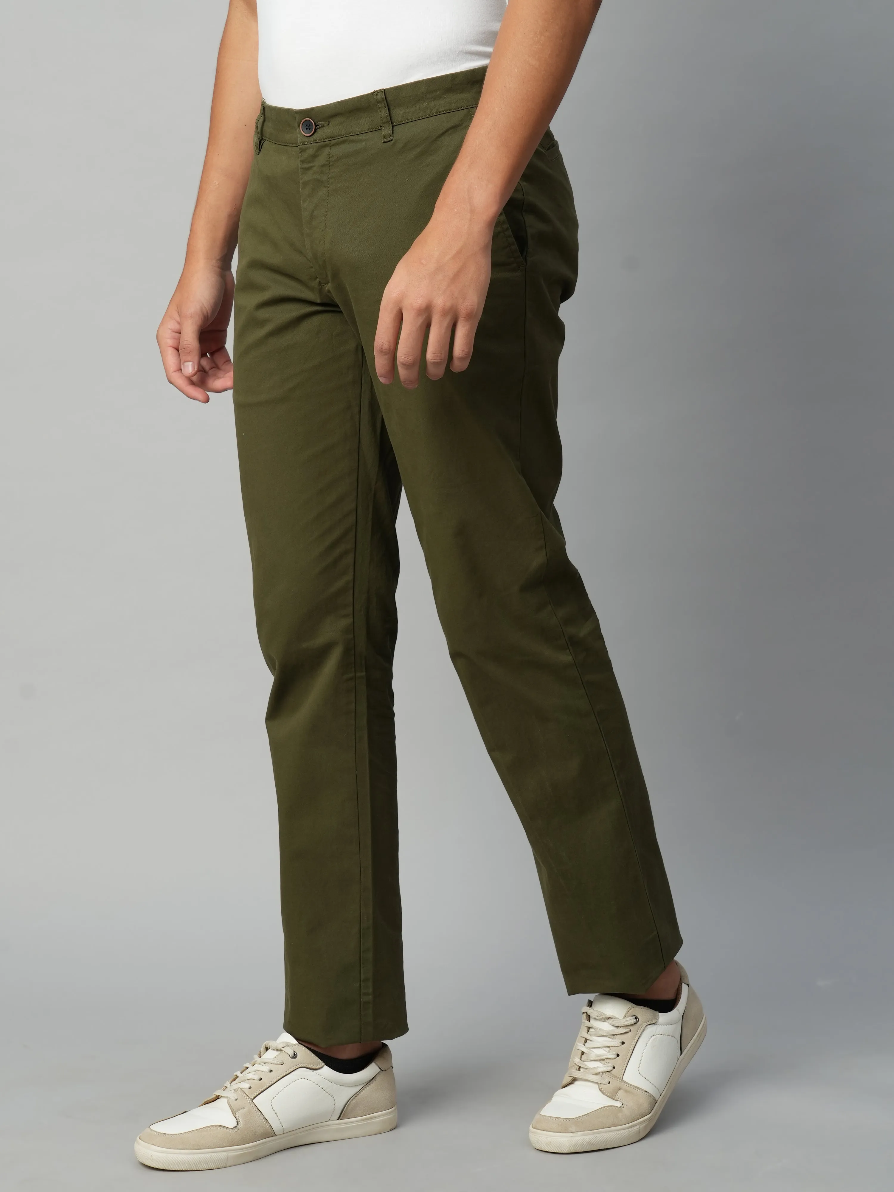 Men's Olive Cotton Lycra Regular Fit Pant