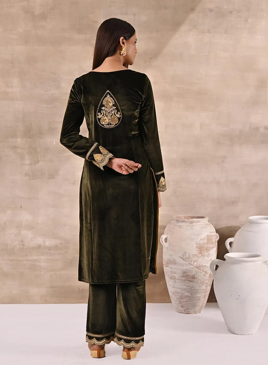 Olive Velvet Kurta Set With Heavy Front Yoke Zari Embroidery