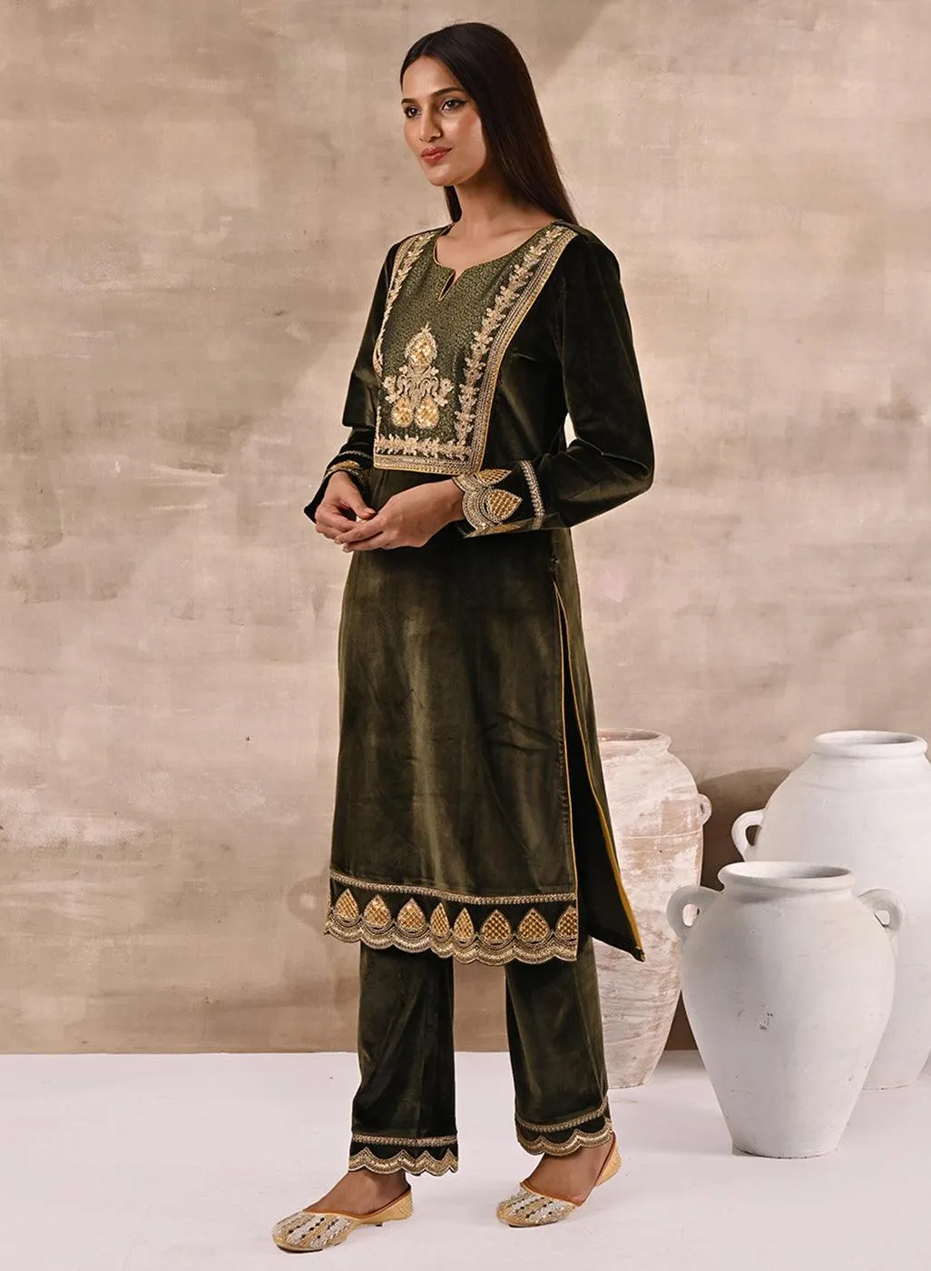 Olive Velvet Kurta Set With Heavy Front Yoke Zari Embroidery