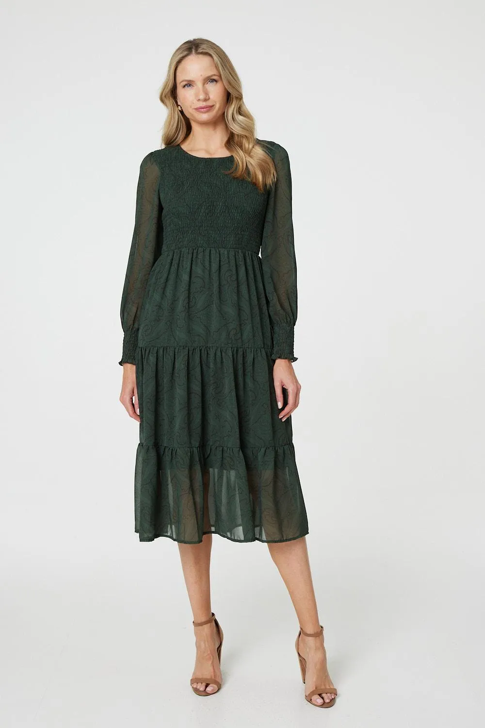 Printed Sheer Layer Midi Smock Dress