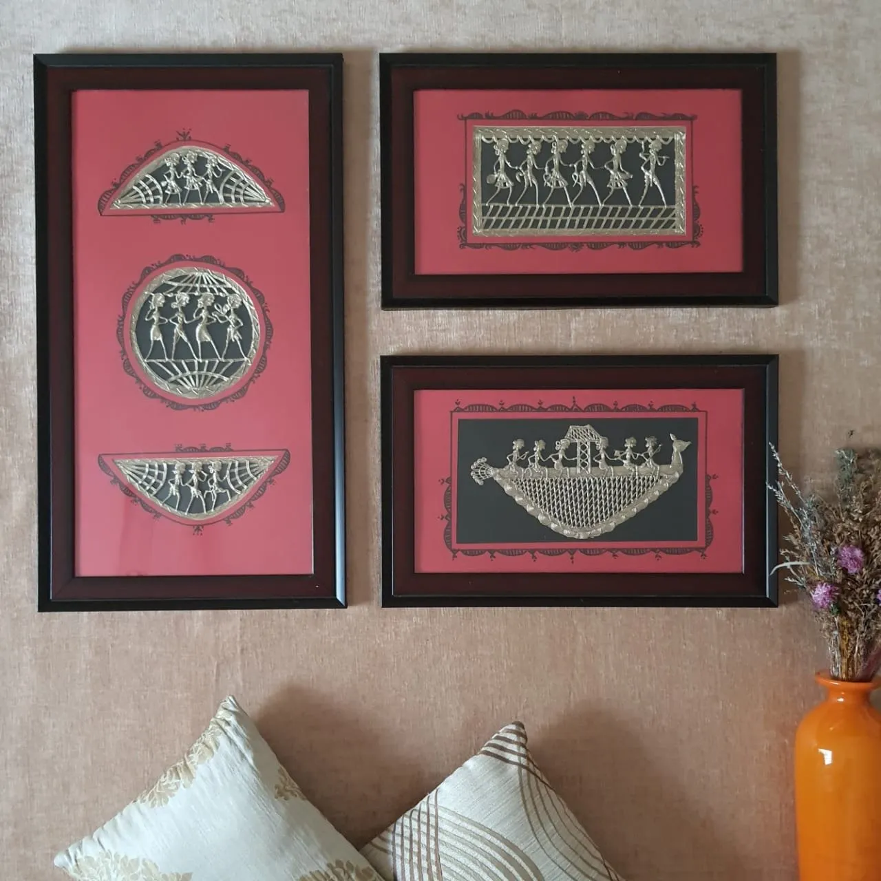 Red Dhokra Warli Wall Hanging (set of 3) - Wall Decor - Home Decor