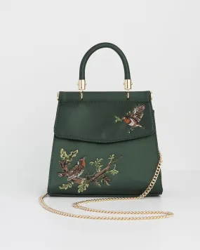 Robin Love Embroidered Green Satin Tote